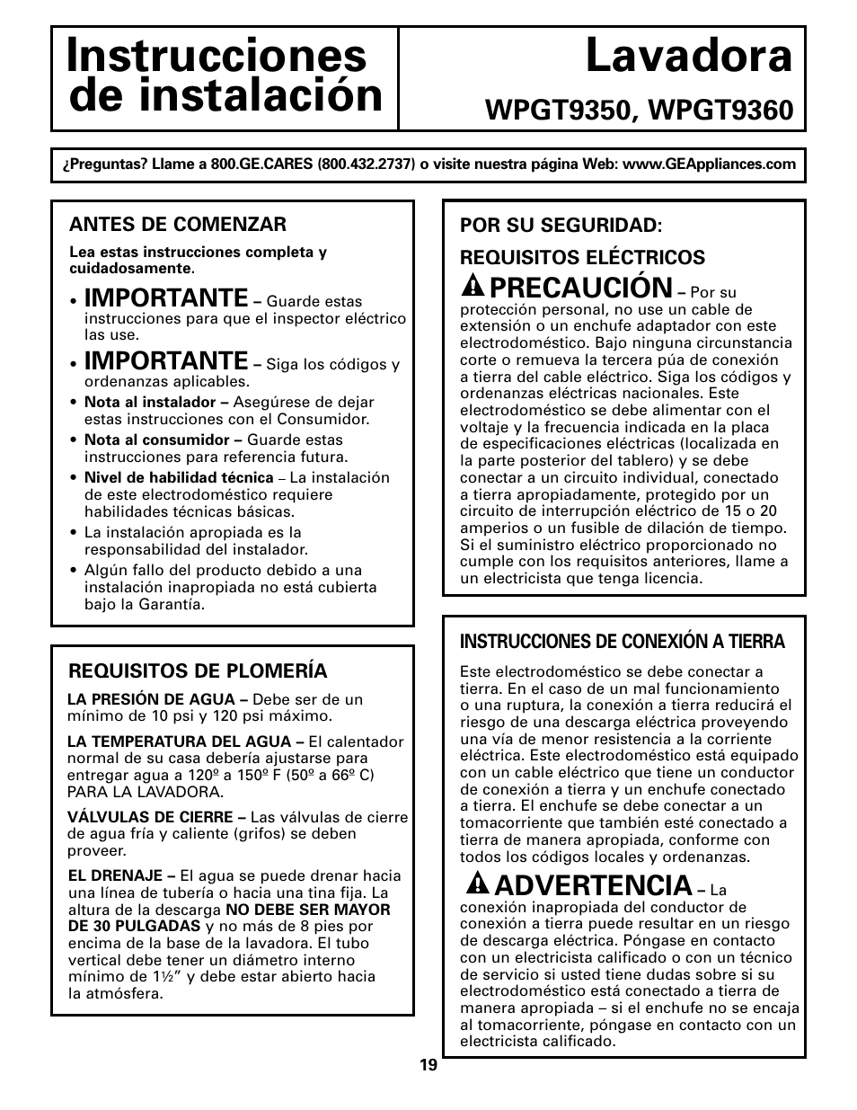 Antes de comenzar, Antes de comenzar –21, Instrucciones lavadora de instalación | Precaución, Advertencia, Importante | GE Dryer User Manual | Page 53 / 68