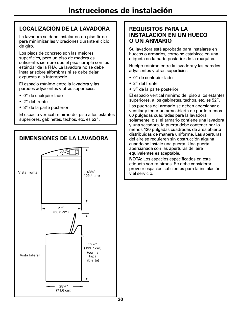 Instrucciones de instalación, Localización de la lavadora, Dimensiones de la lavadora | GE Dryer User Manual | Page 54 / 68