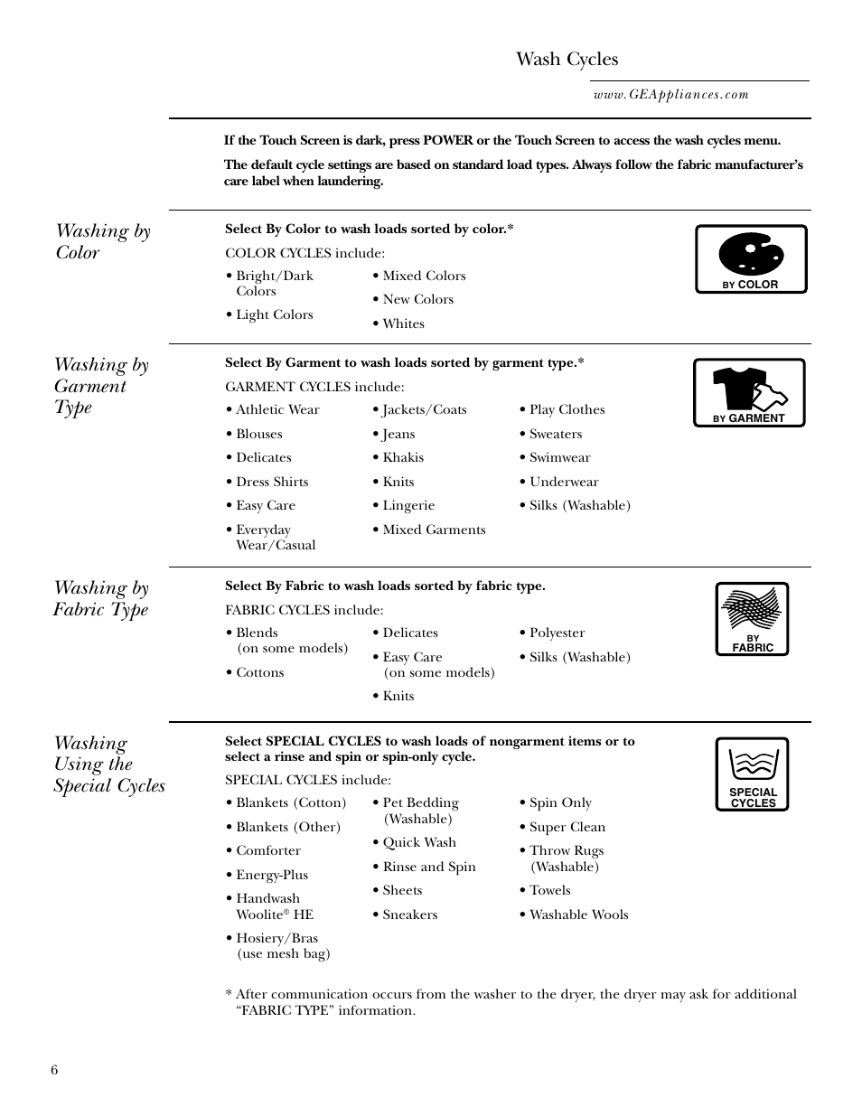 Cycle options, Wash cycles, Washing by color | Washing by garment type, Washing by fabric type, Washing using the special cycles | GE Dryer User Manual | Page 6 / 68