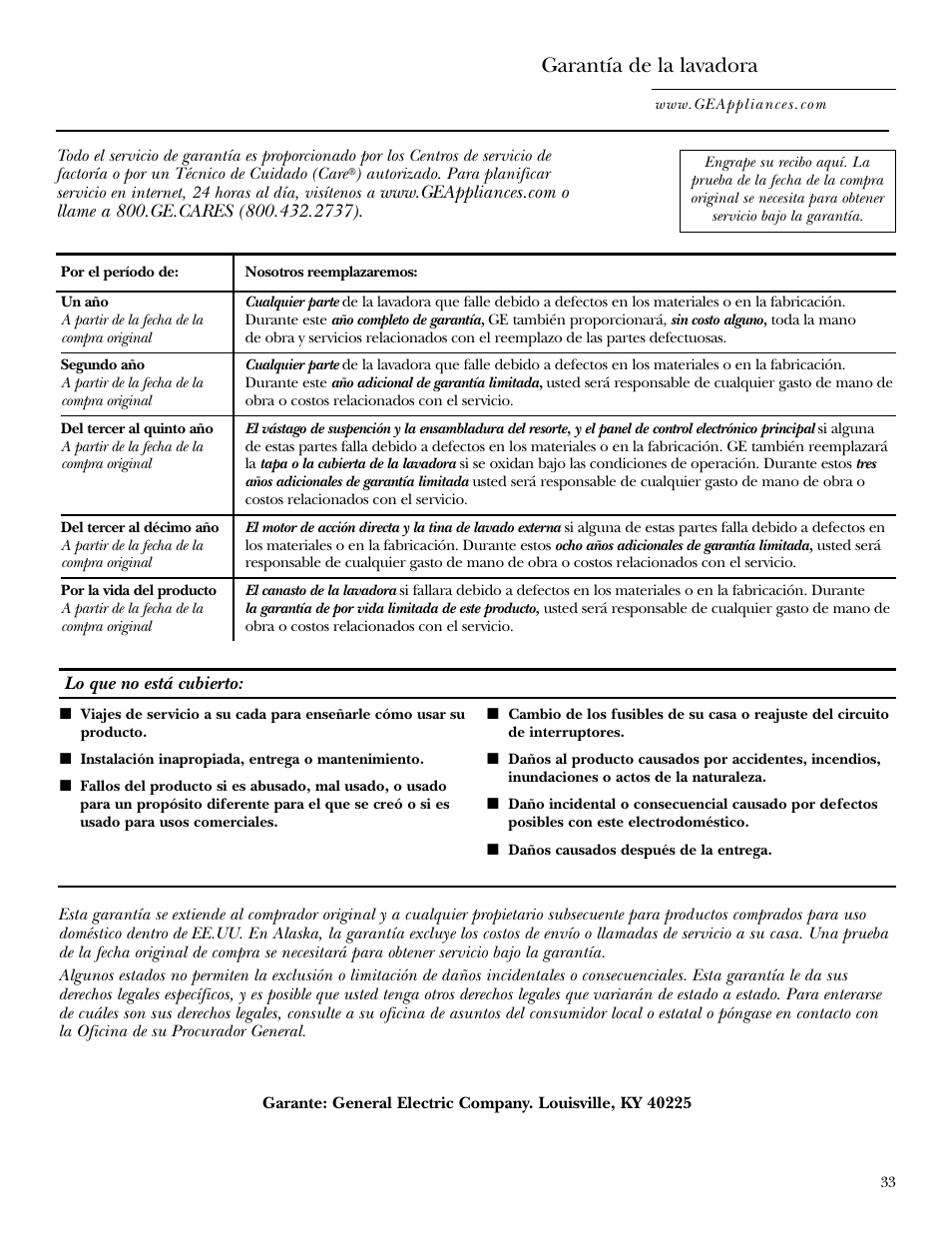 Garantía, Garantía de la lavadora | GE Dryer User Manual | Page 67 / 68