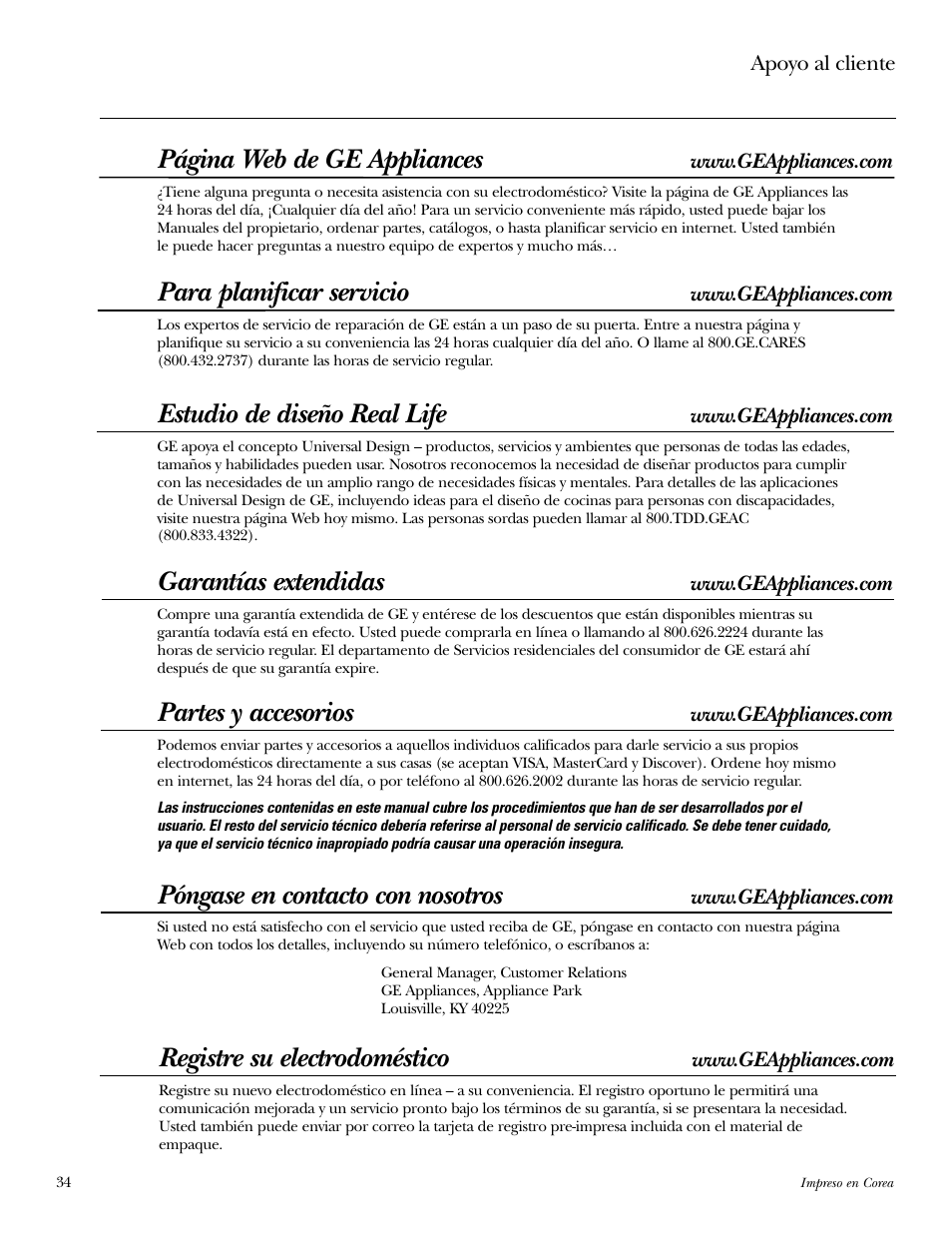 Apoyo al cliente, Página web de ge appliances, Para planificar servicio | Estudio de diseño real life, Garantías extendidas, Partes y accesorios, Póngase en contacto con nosotros, Registre su electrodoméstico | GE Dryer User Manual | Page 68 / 68