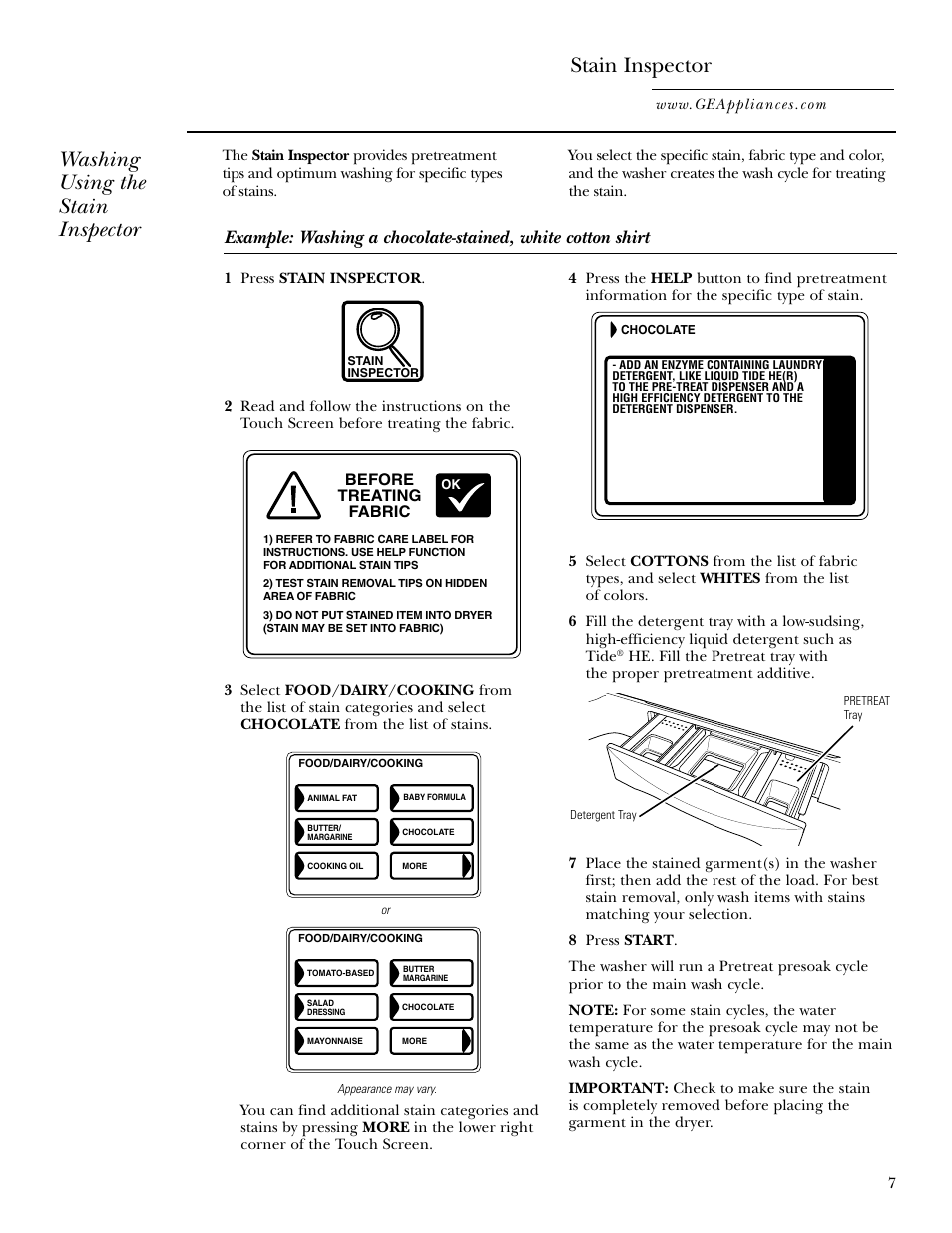 Stain inspector, Stain inspector , 8, Washing using the stain inspector | GE Dryer User Manual | Page 7 / 68