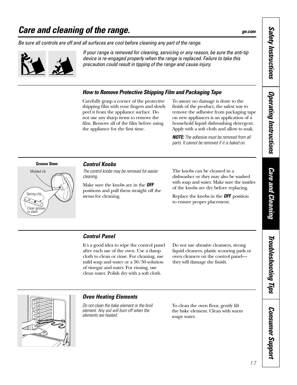 Care and cleaning, Control knobs, Heating elements | Care and cleaning of the range | GE JDP39 User Manual | Page 17 / 32