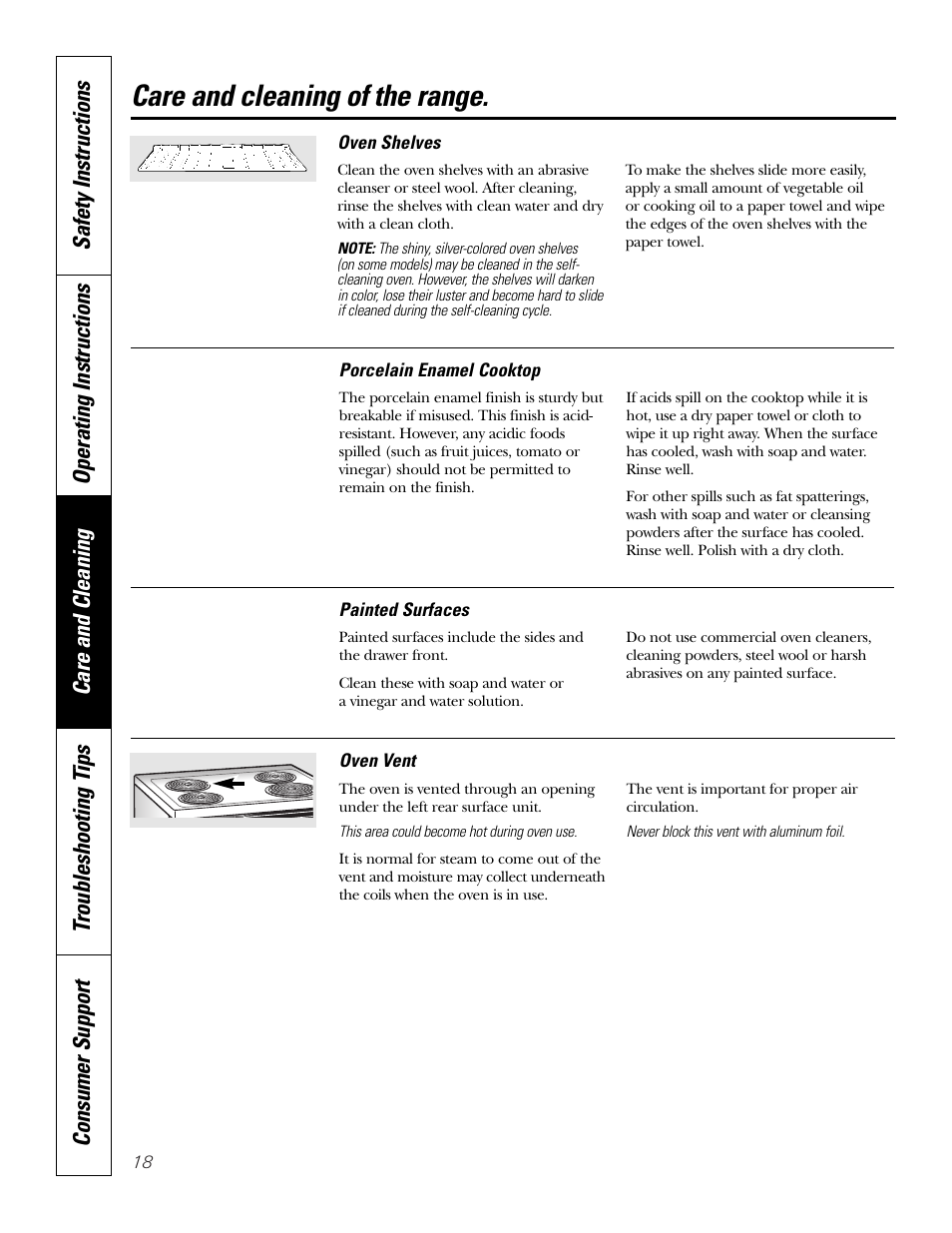 Shelves, Vent, Care and cleaning of the range | GE JDP39 User Manual | Page 18 / 32