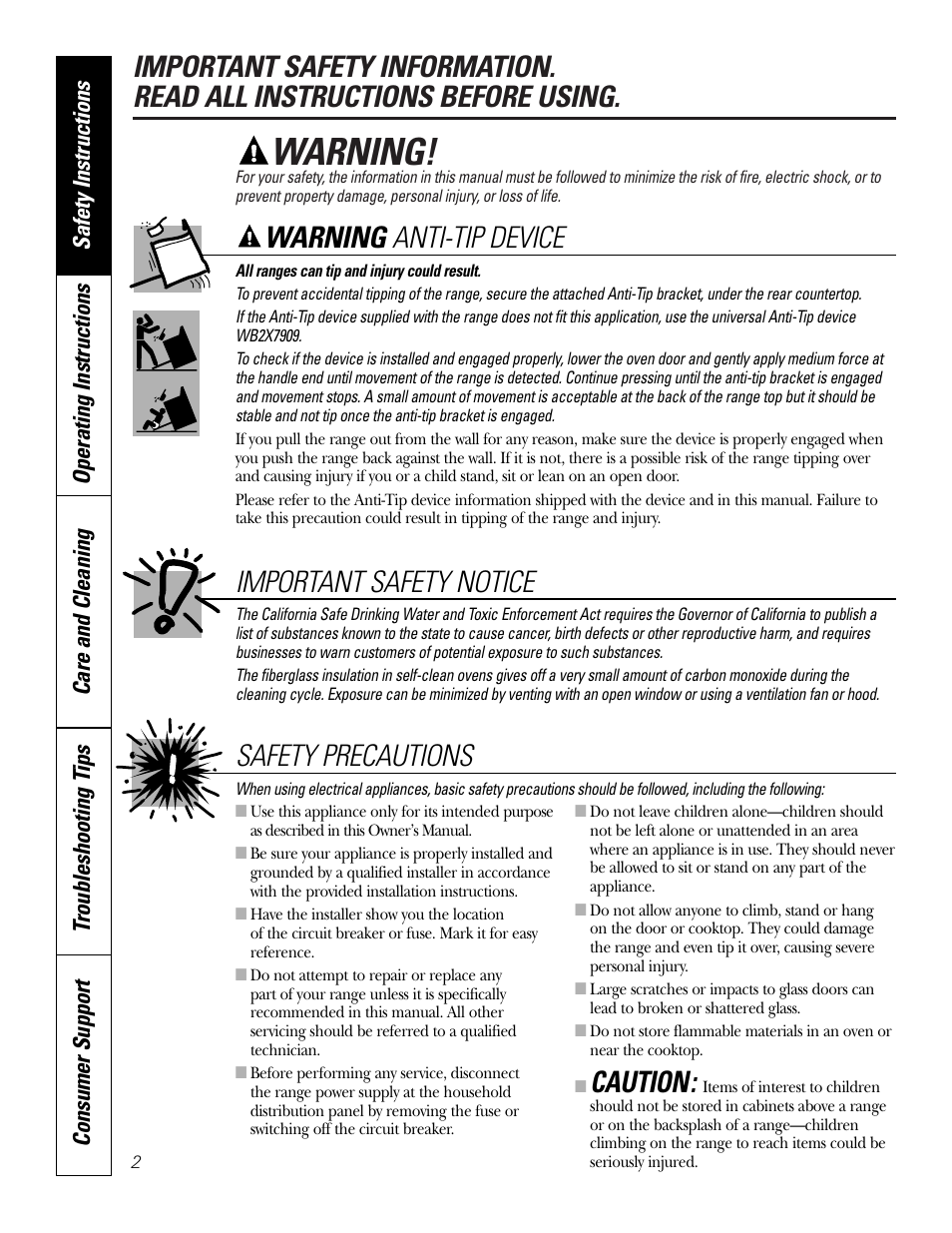 Safety instructions, Warning, Warning anti-tip device important safety notice | Caution, Safety precautions | GE JDP39 User Manual | Page 2 / 32
