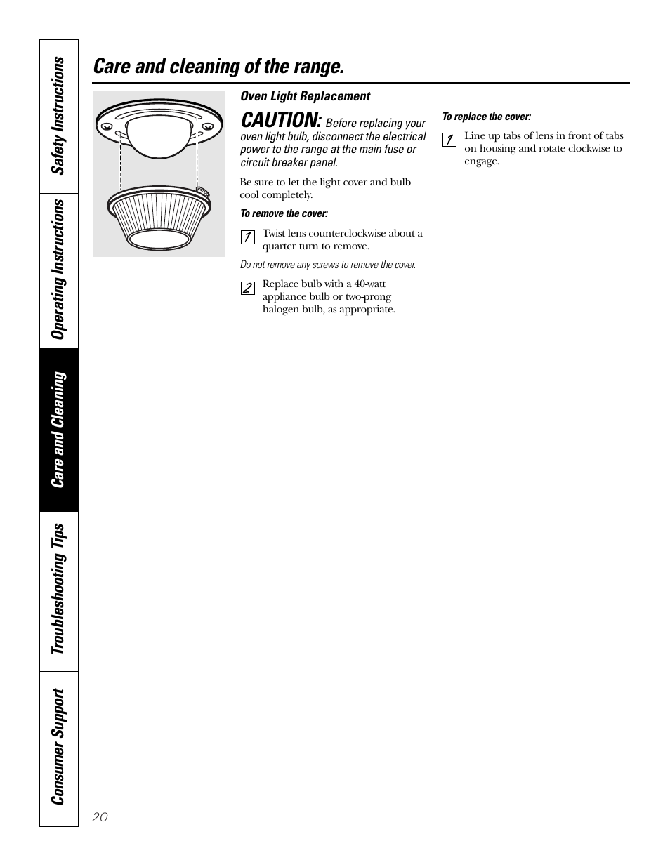 Light, Care and cleaning of the range, Caution | GE JDP39 User Manual | Page 20 / 32