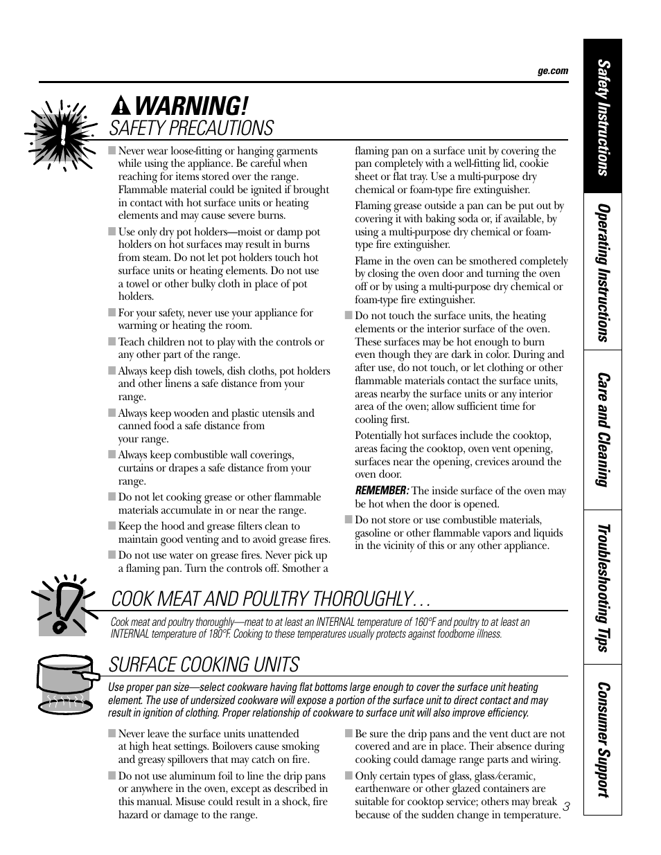Warning, Safety precautions, Cook meat and poultry thoroughly | Surface cooking units | GE JDP39 User Manual | Page 3 / 32