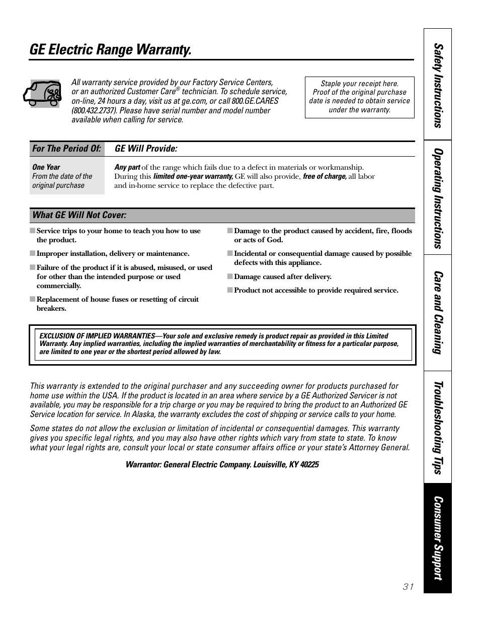 Warranty, Ge electric range warranty | GE JDP39 User Manual | Page 31 / 32