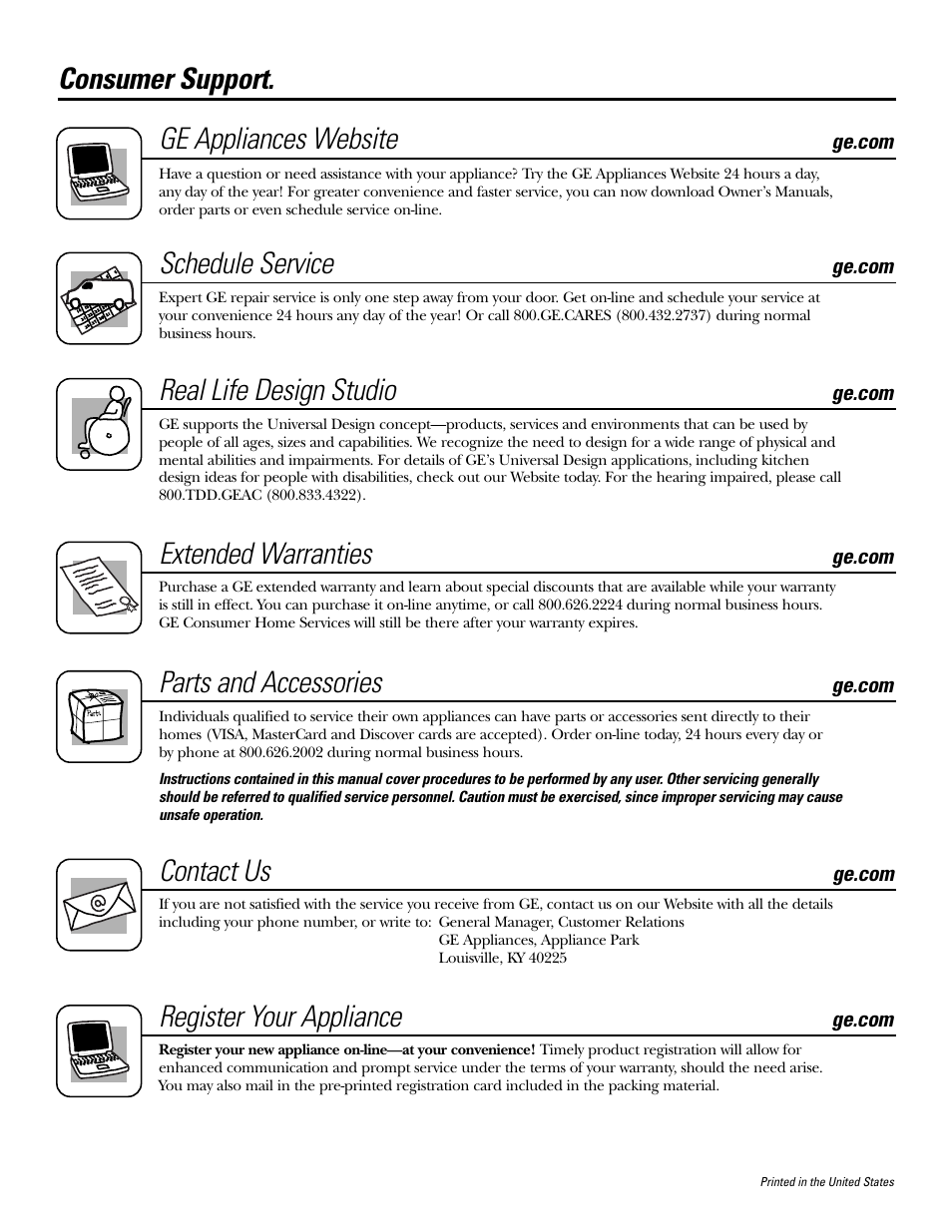 Consumer support, Consumer support. ge appliances website, Schedule service | Real life design studio, Extended warranties, Parts and accessories, Contact us, Register your appliance | GE JDP39 User Manual | Page 32 / 32