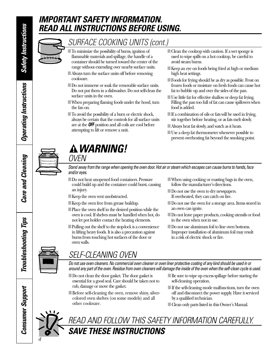 Warning, Surface cooking units (cont.), Oven | Self-cleaning oven | GE JDP39 User Manual | Page 4 / 32
