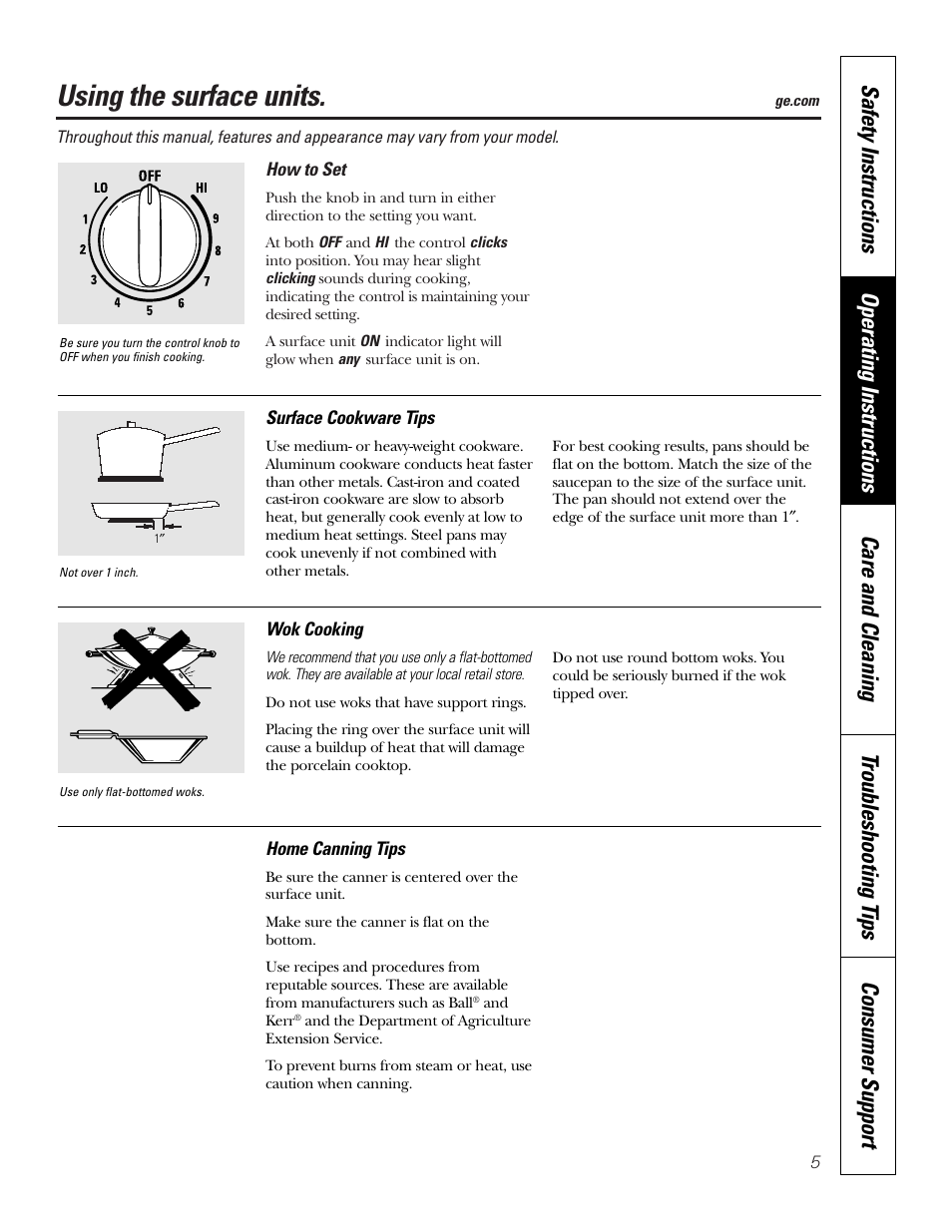 Operating instructions, Surface units, Using the surface units | GE JDP39 User Manual | Page 5 / 32