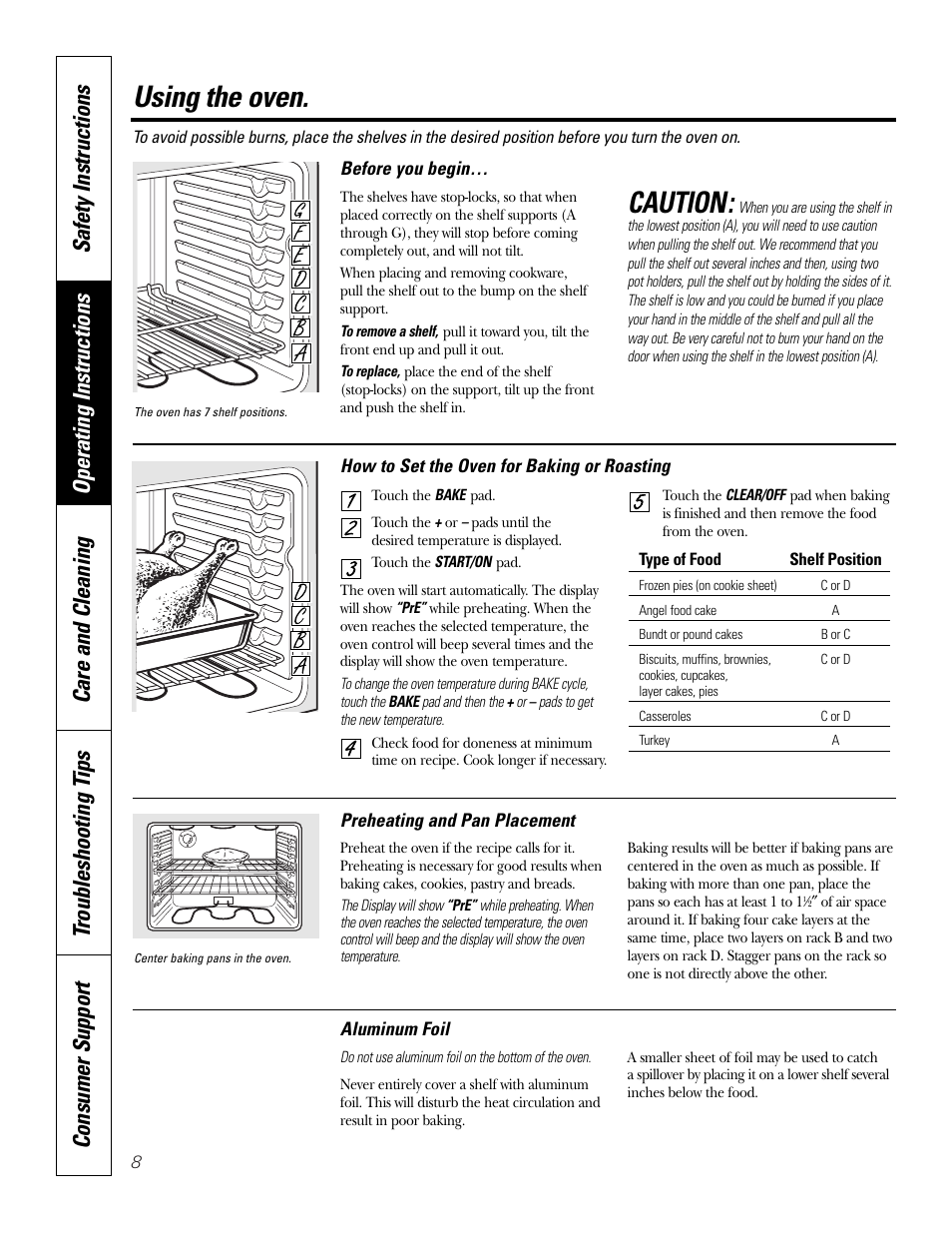 Oven, Oven , 9, Caution | Using the oven | GE JDP39 User Manual | Page 8 / 32