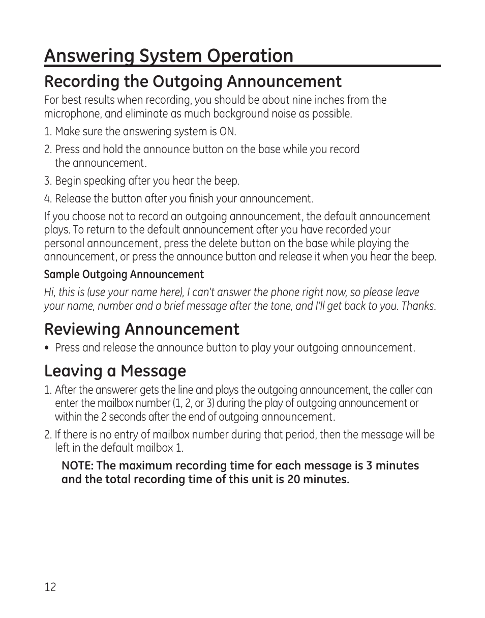 Answering system operation, Recording the outgoing announcement, Reviewing announcement | Leaving a message | GE 25982xx3 User Manual | Page 12 / 48