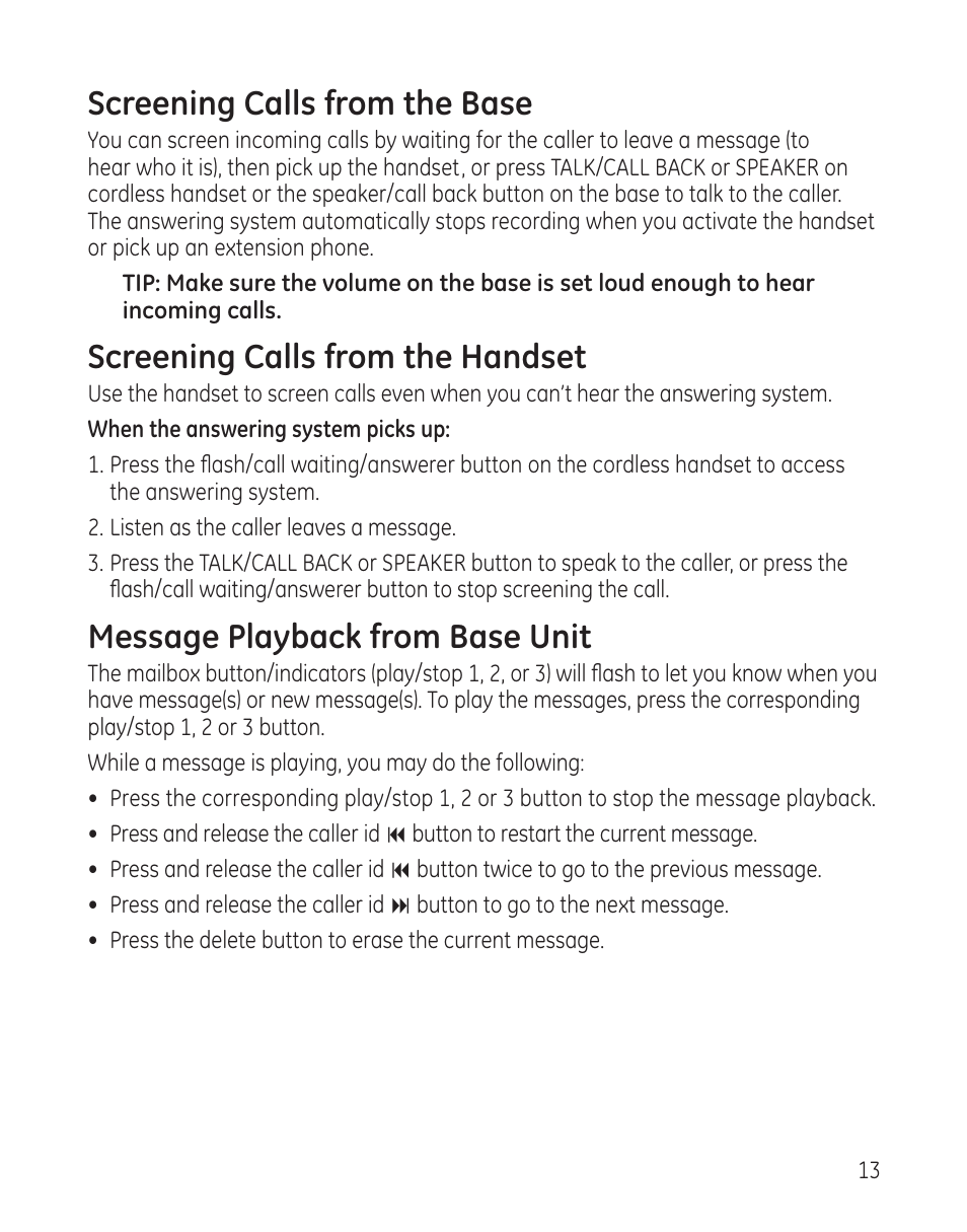 Screening calls from the base, Screening calls from the handset, Message playback from base unit | GE 25982xx3 User Manual | Page 13 / 48