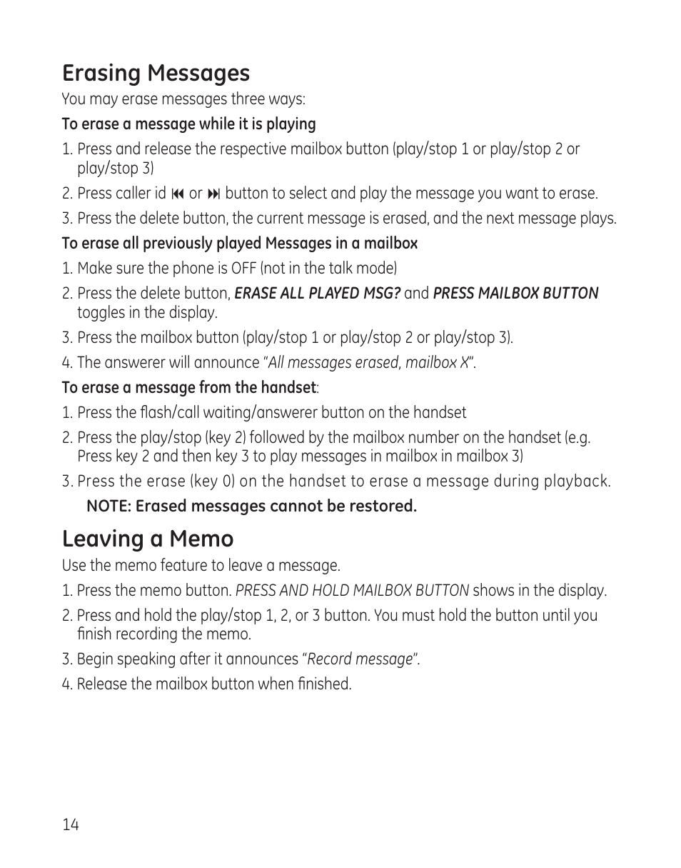 Erasing messages | GE 25982xx3 User Manual | Page 14 / 48