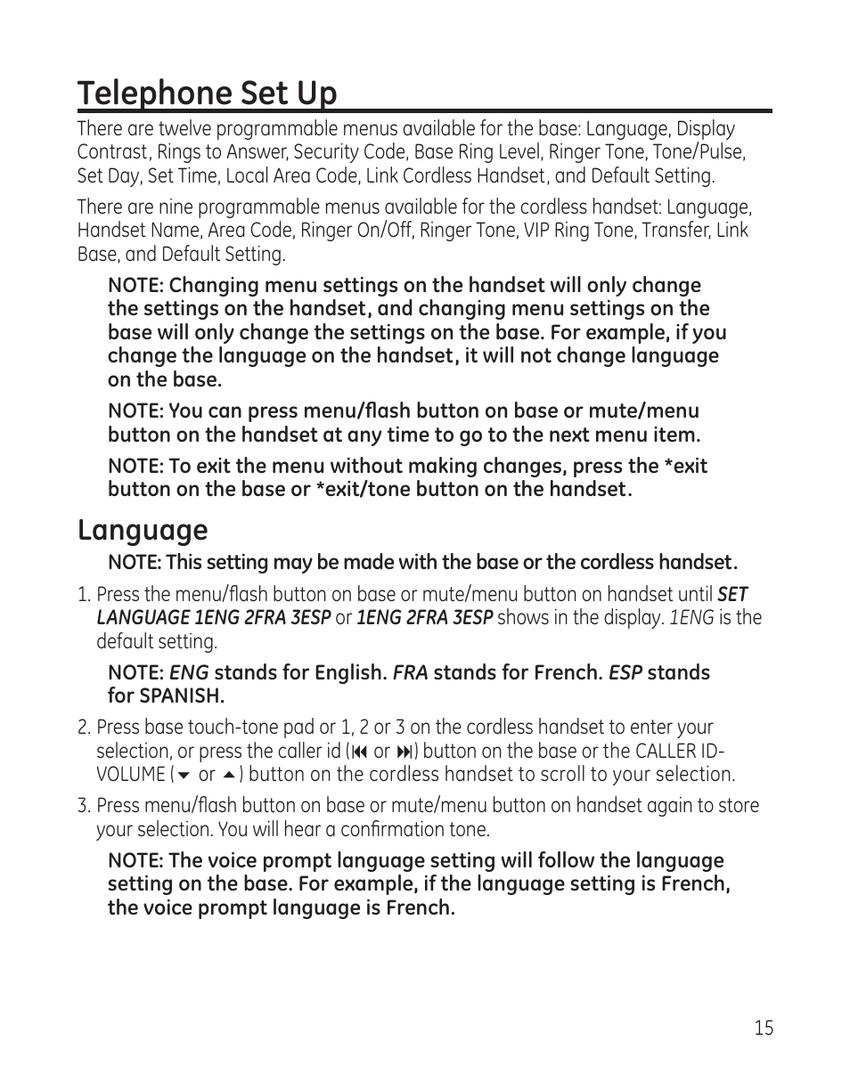 Telephone set up, Language | GE 25982xx3 User Manual | Page 15 / 48