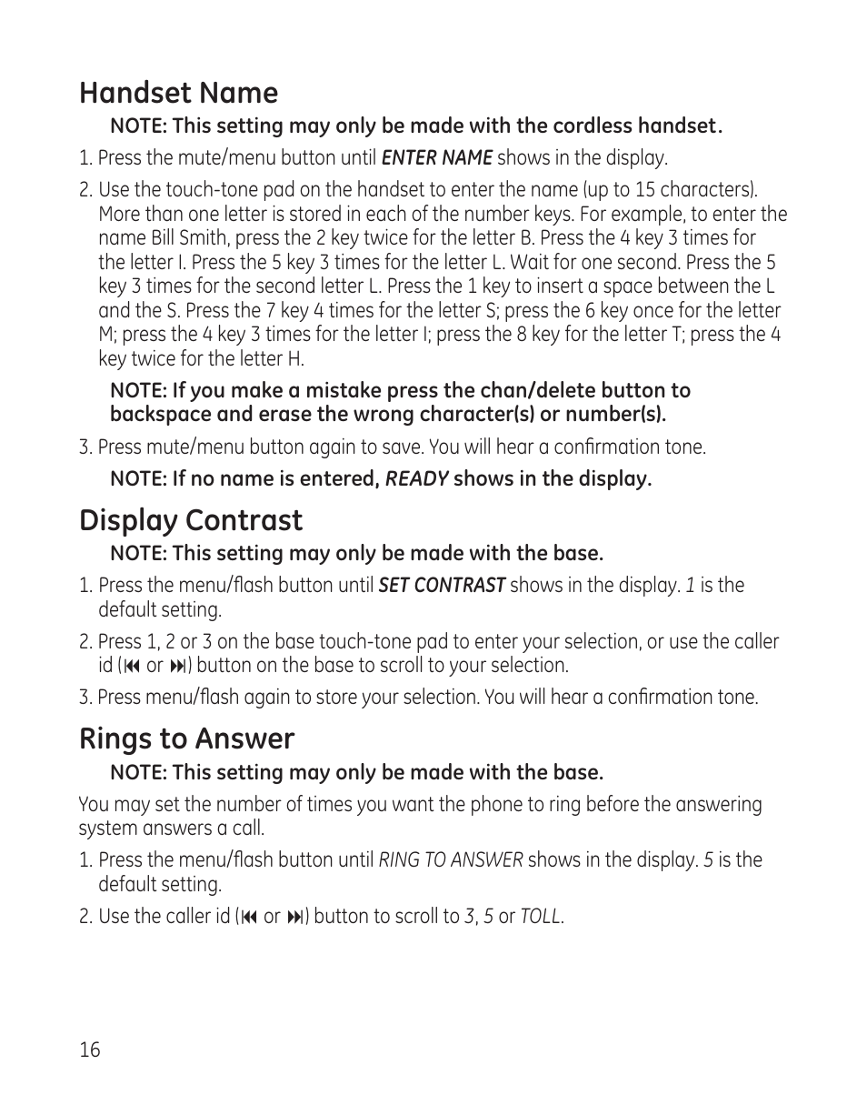 Handset name, Display contrast, Rings to answer | GE 25982xx3 User Manual | Page 16 / 48