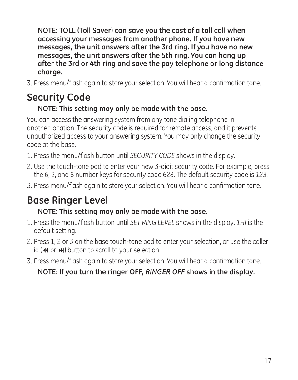 Security code, Base ringer level | GE 25982xx3 User Manual | Page 17 / 48