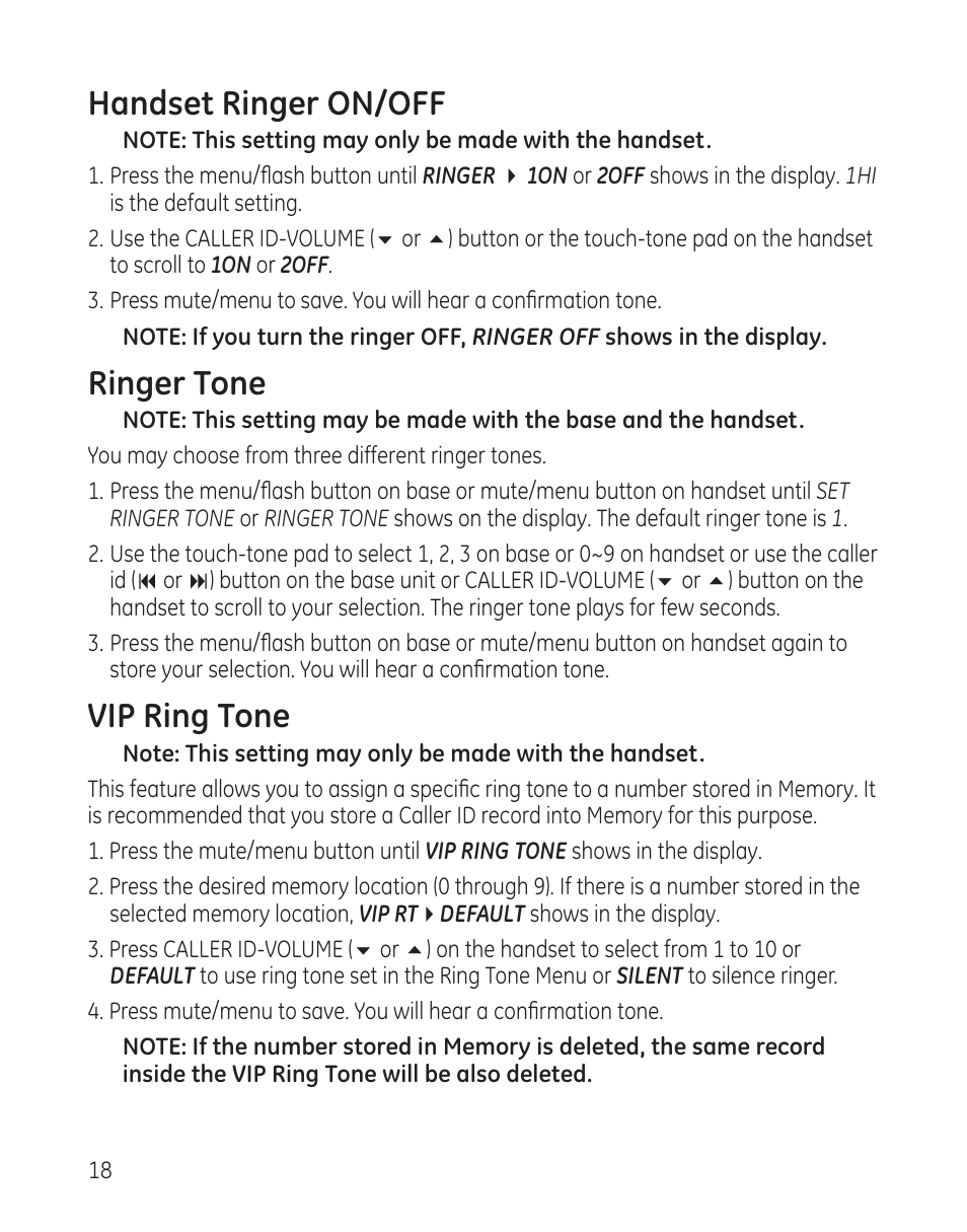 Handset ringer on/off, Ringer tone, Vip ring tone | GE 25982xx3 User Manual | Page 18 / 48