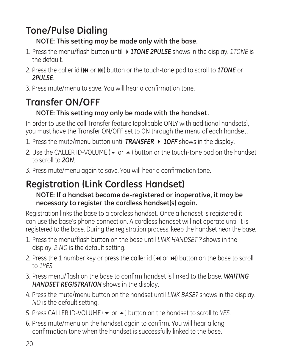 Tone/pulse dialing, Transfer on/off, Registration (link cordless handset) | GE 25982xx3 User Manual | Page 20 / 48