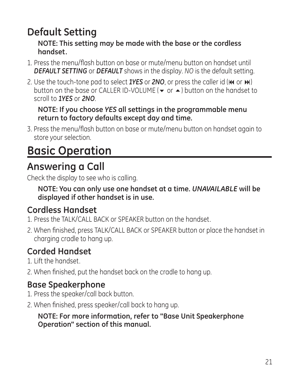 Basic operation, Default setting, Answering a call | GE 25982xx3 User Manual | Page 21 / 48