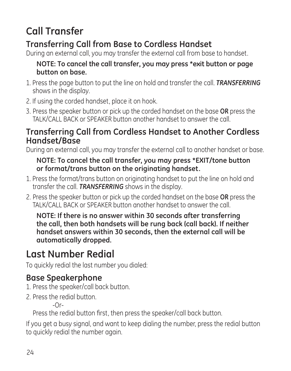 Call transfer, Last number redial | GE 25982xx3 User Manual | Page 24 / 48