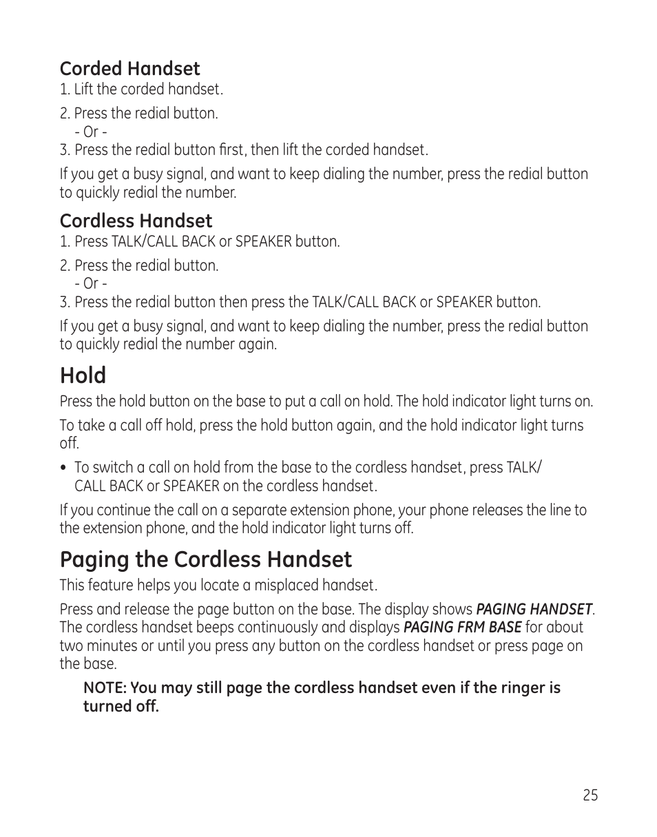 Hold, Paging the cordless handset | GE 25982xx3 User Manual | Page 25 / 48