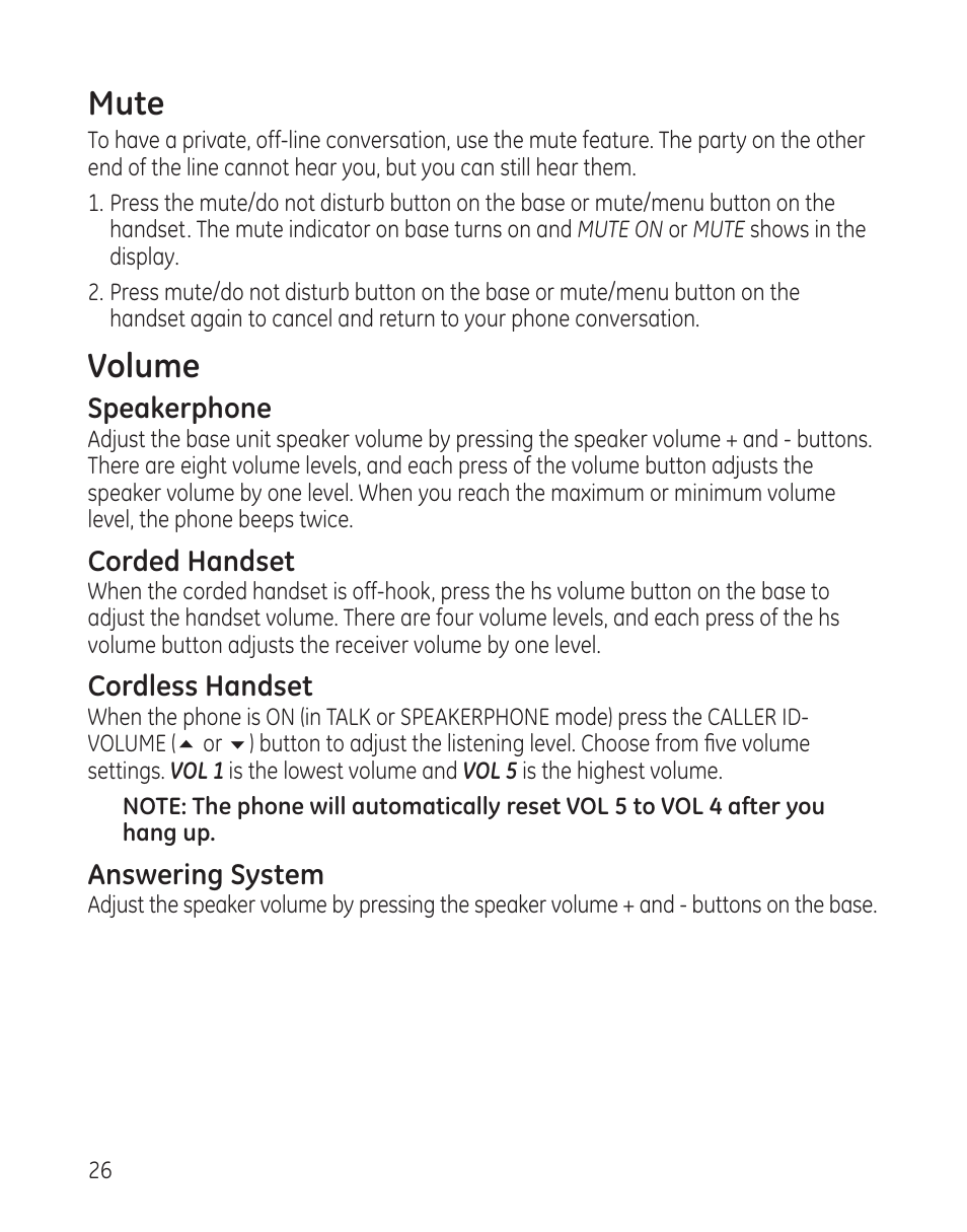 Mute, Volume | GE 25982xx3 User Manual | Page 26 / 48