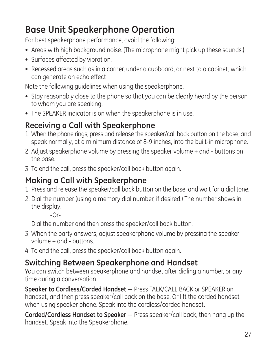 Base unit speakerphone operation | GE 25982xx3 User Manual | Page 27 / 48