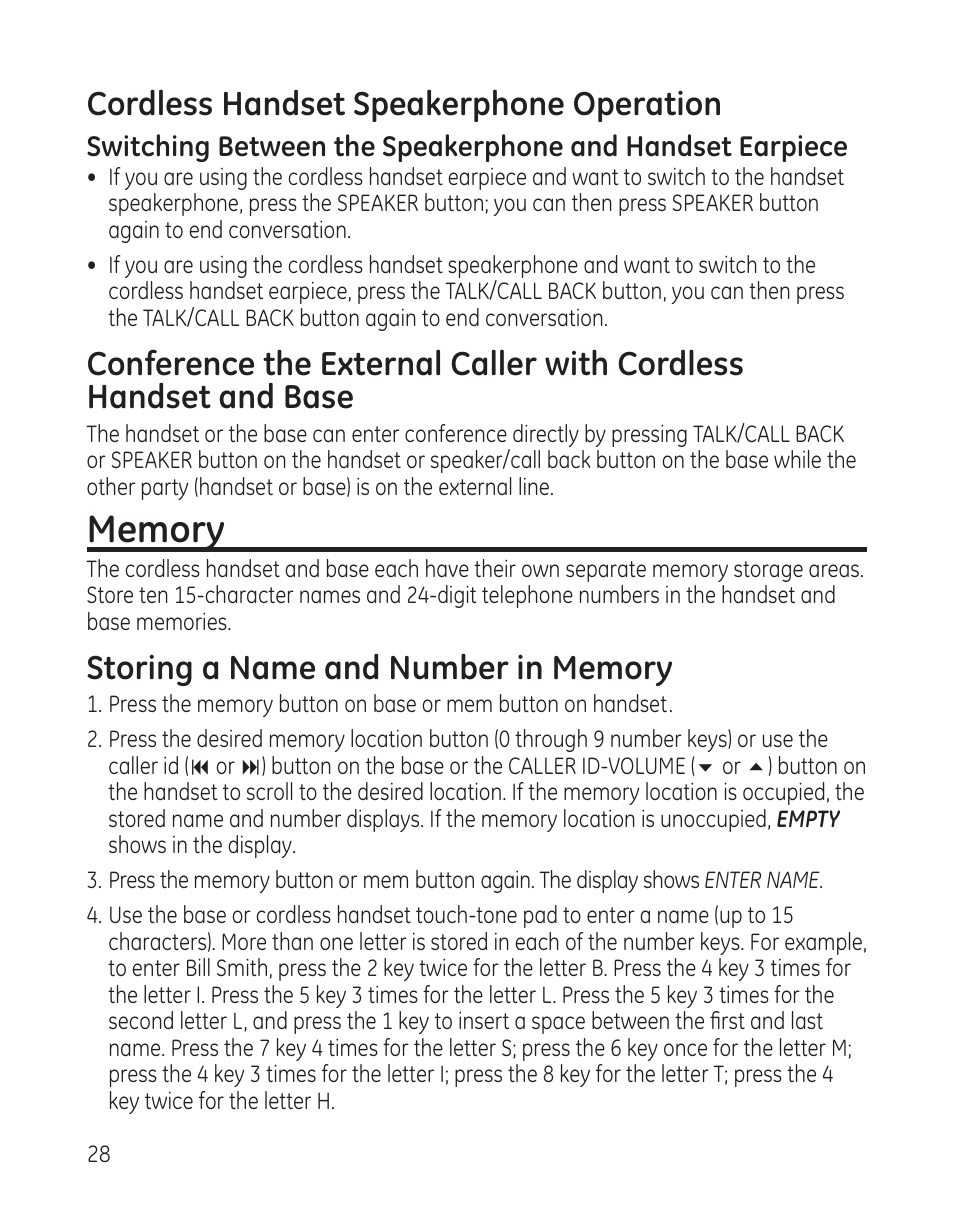 Cordless handset speakerphone operation | GE 25982xx3 User Manual | Page 28 / 48