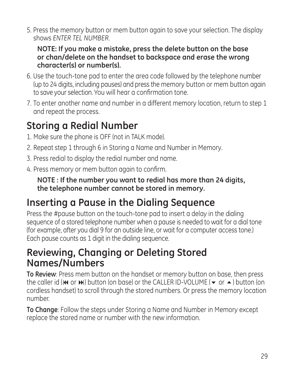 Storing a redial number, Inserting a pause in the dialing sequence | GE 25982xx3 User Manual | Page 29 / 48