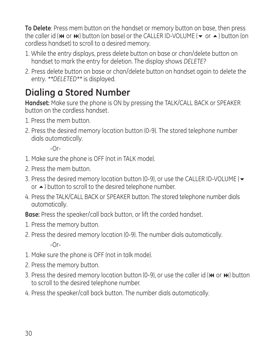 Dialing a stored number | GE 25982xx3 User Manual | Page 30 / 48