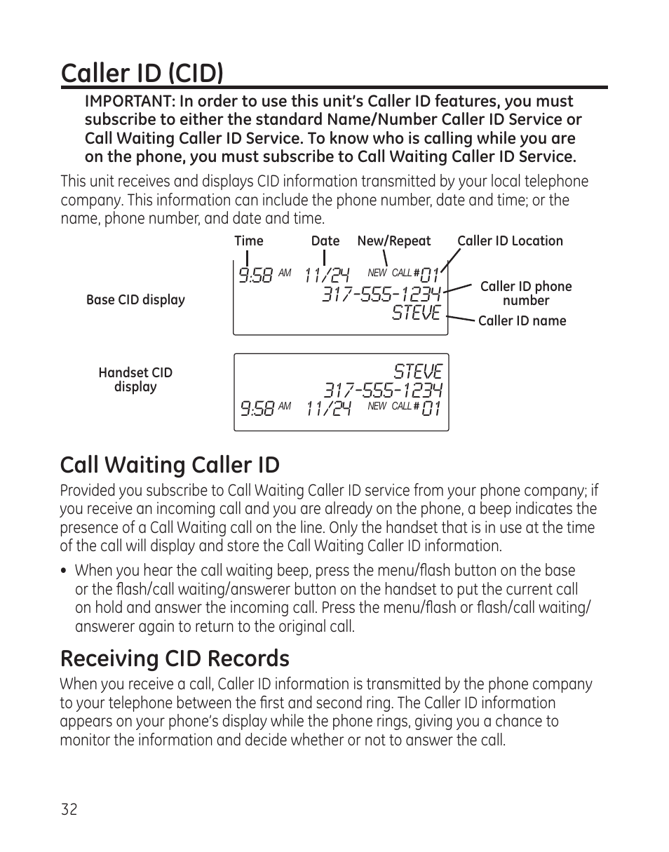 Caller id (cid), Call waiting caller id, Receiving cid records | GE 25982xx3 User Manual | Page 32 / 48