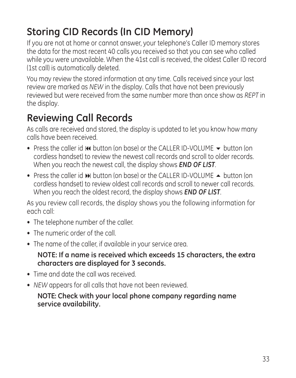 Reviewing call records | GE 25982xx3 User Manual | Page 33 / 48