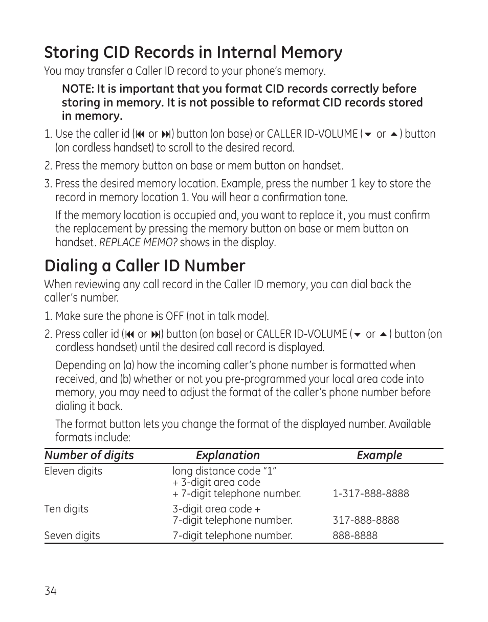 Dialing a caller id number | GE 25982xx3 User Manual | Page 34 / 48