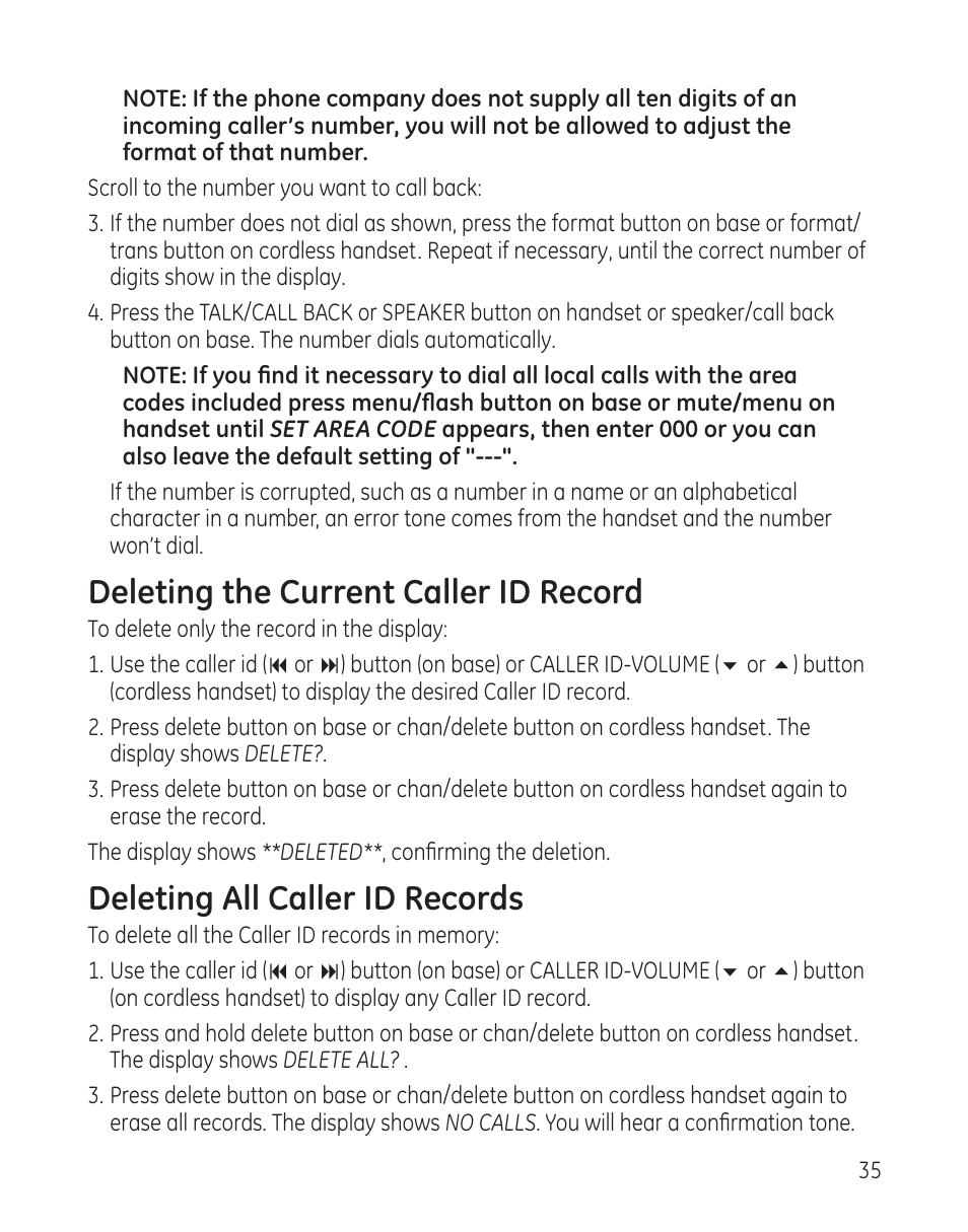 Deleting the current caller id record, Deleting all caller id records | GE 25982xx3 User Manual | Page 35 / 48
