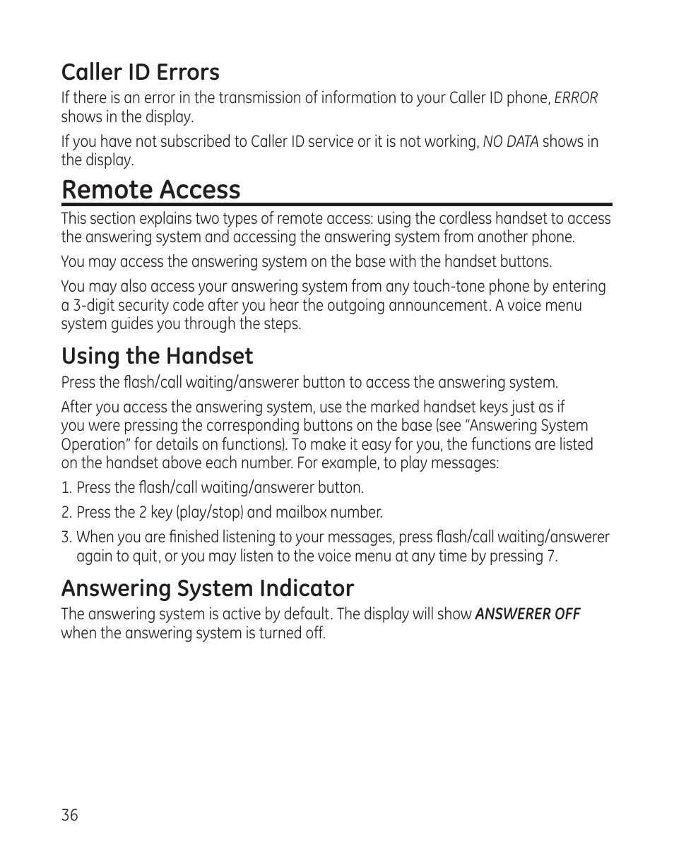 Remote access, Caller id errors, Using the handset | Answering system indicator | GE 25982xx3 User Manual | Page 36 / 48