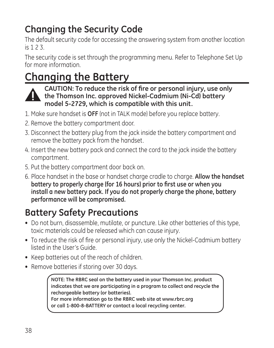 Changing the battery, Changing the security code, Battery safety precautions | GE 25982xx3 User Manual | Page 38 / 48