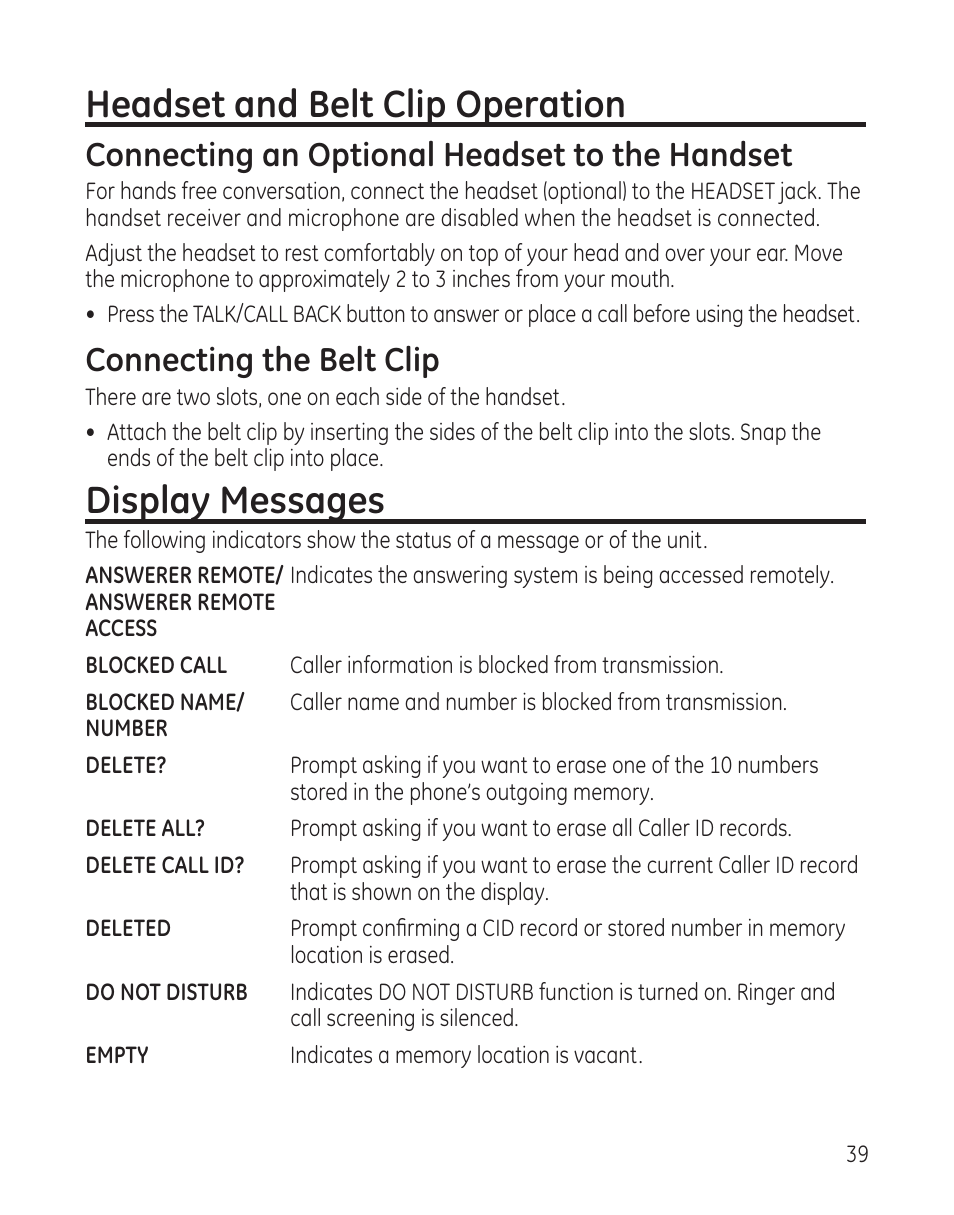 Headset and belt clip operation, Display messages, Connecting an optional headset to the handset | Connecting the belt clip | GE 25982xx3 User Manual | Page 39 / 48