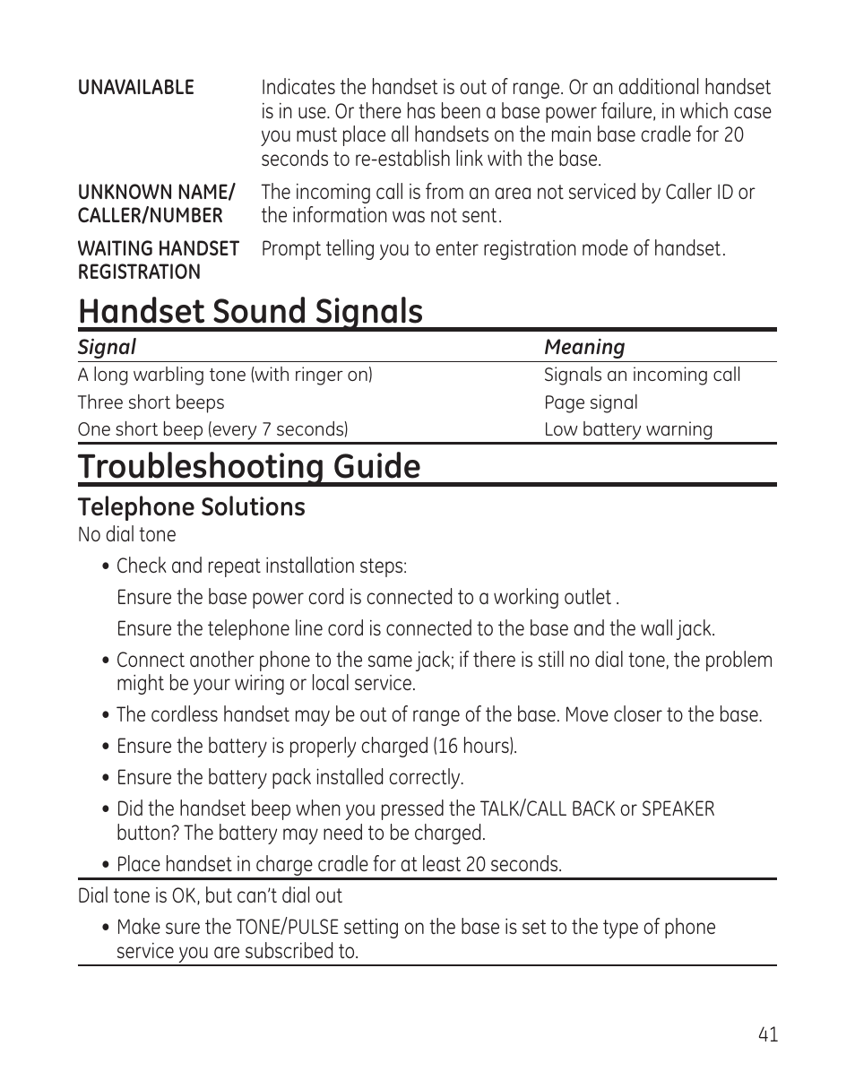 Handset sound signals, Troubleshooting guide, Telephone solutions | GE 25982xx3 User Manual | Page 41 / 48