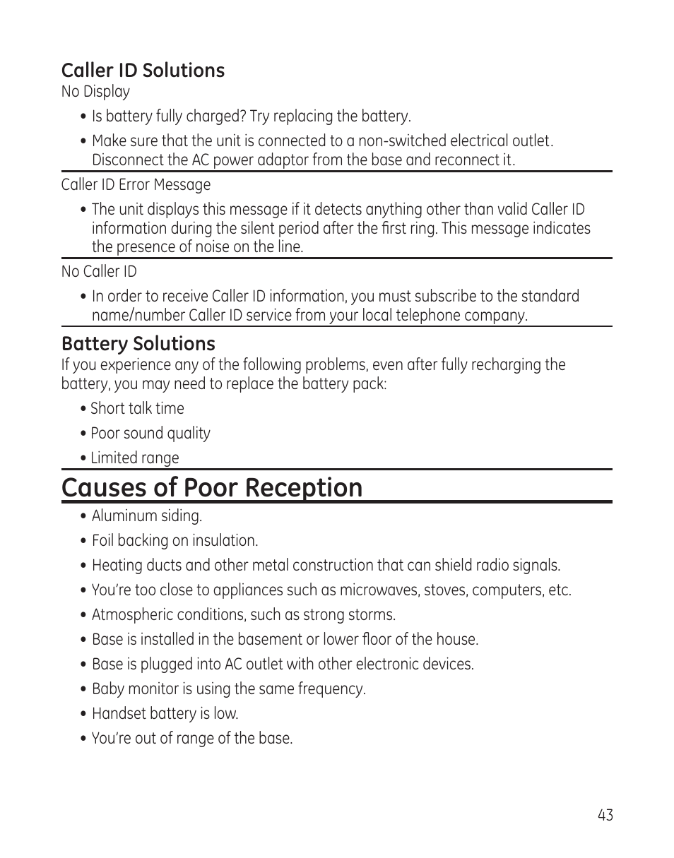 Causes of poor reception | GE 25982xx3 User Manual | Page 43 / 48