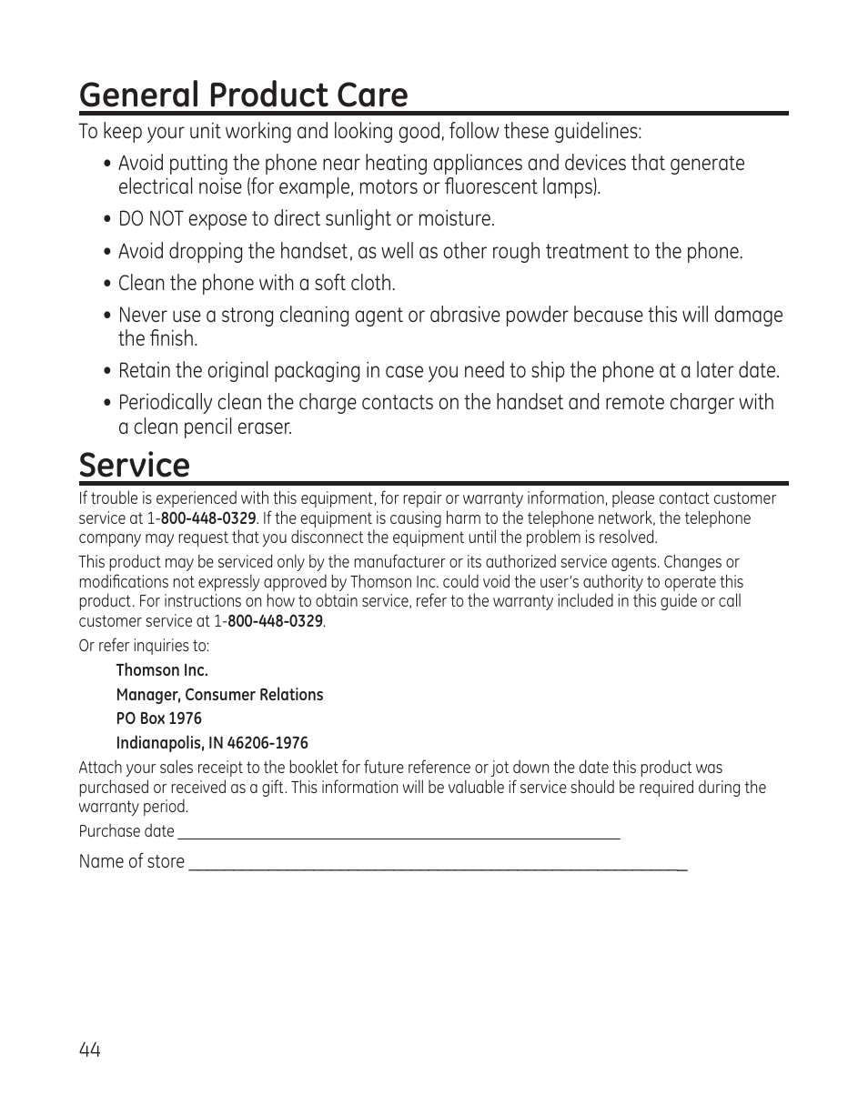General product care, Service | GE 25982xx3 User Manual | Page 44 / 48