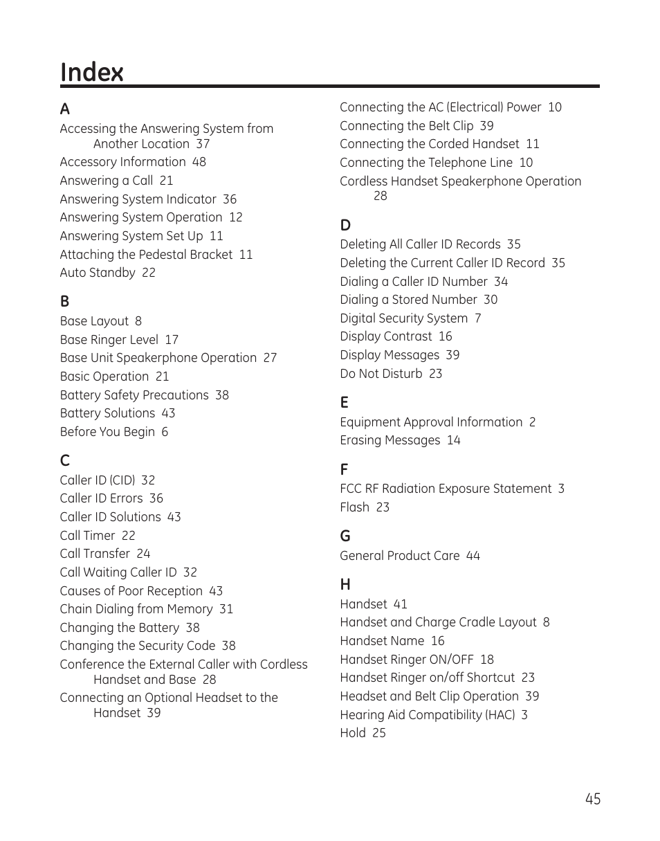 Index | GE 25982xx3 User Manual | Page 45 / 48