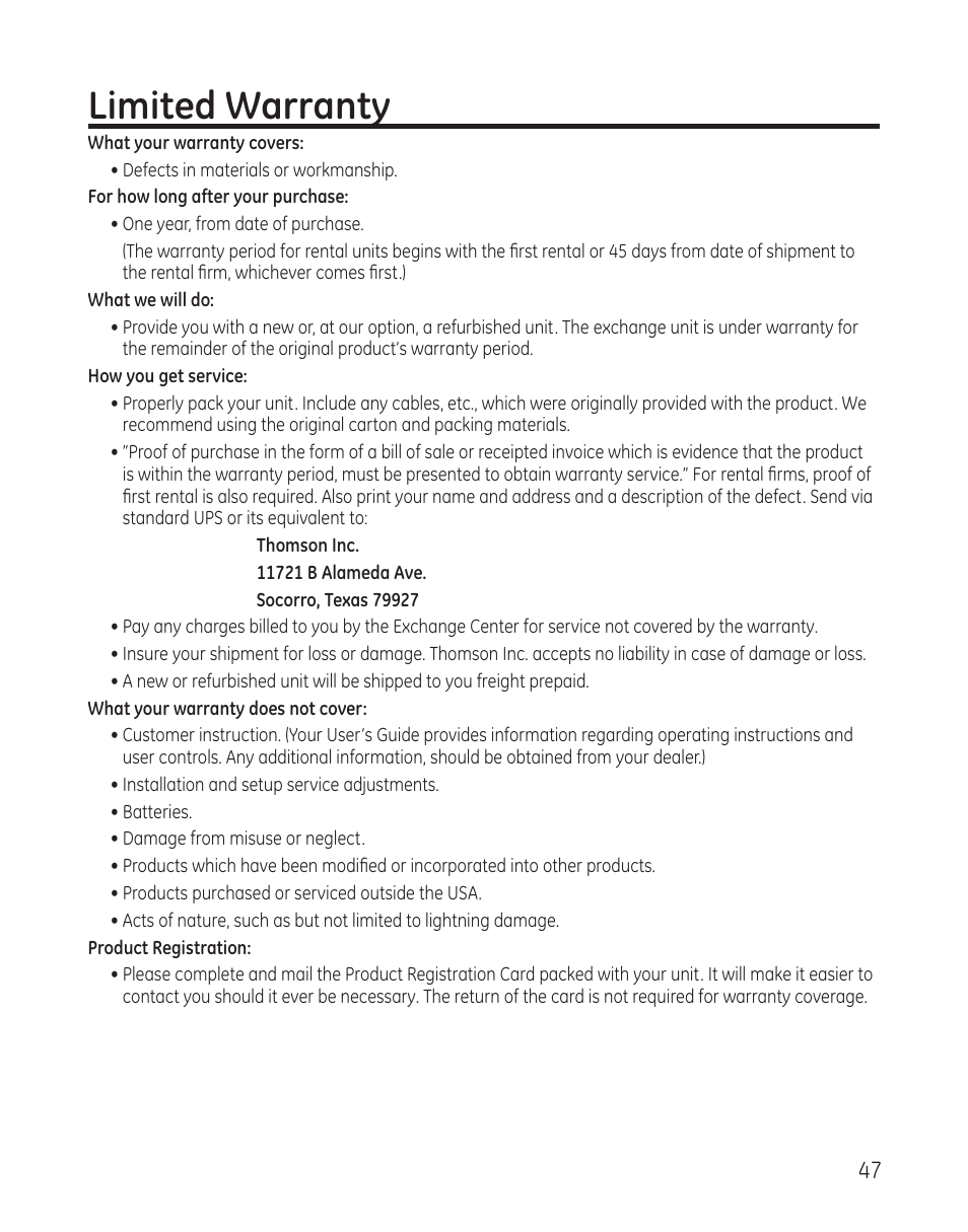 Limited warranty | GE 25982xx3 User Manual | Page 47 / 48