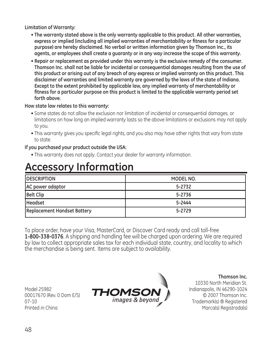 Accessory information | GE 25982xx3 User Manual | Page 48 / 48