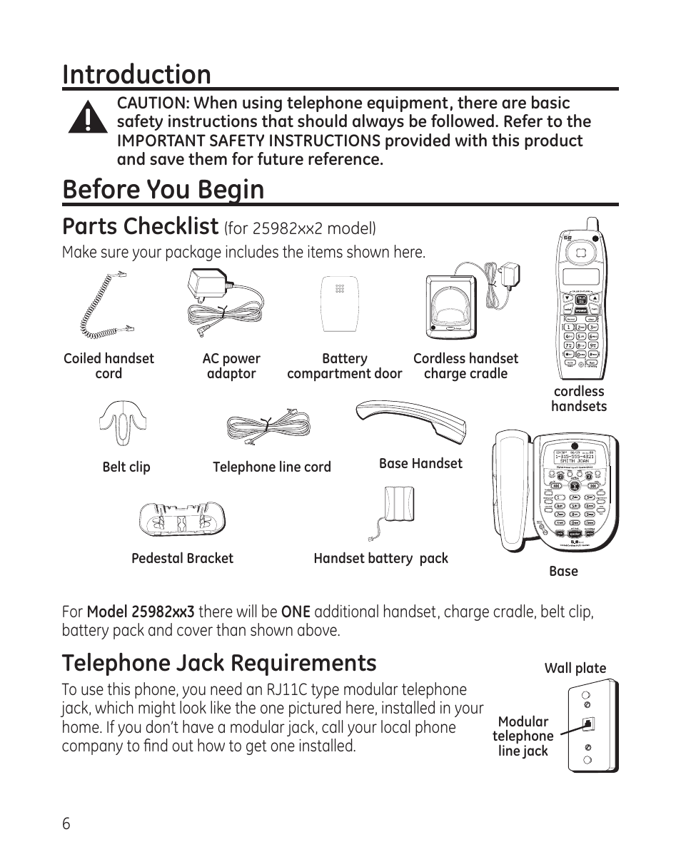 Introduction, Before you begin, Telephone jack requirements | Parts checklist | GE 25982xx3 User Manual | Page 6 / 48