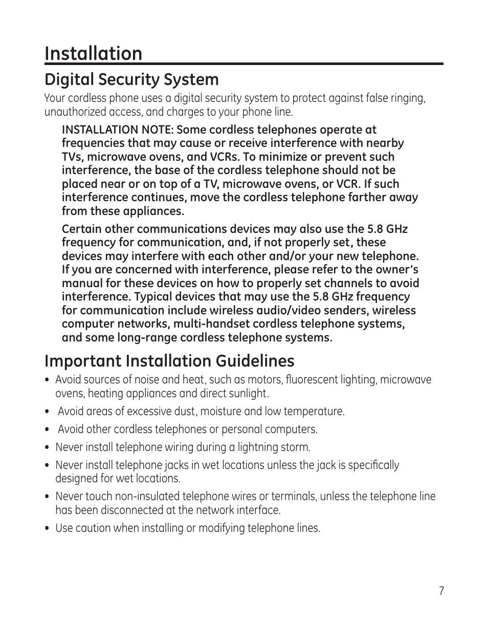 Installation, Digital security system, Important installation guidelines | GE 25982xx3 User Manual | Page 7 / 48