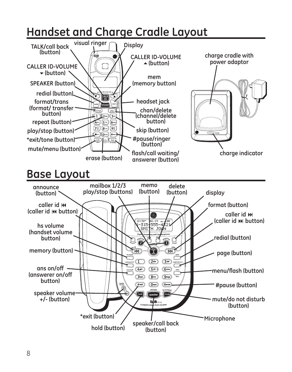 Base layout handset and charge cradle layout | GE 25982xx3 User Manual | Page 8 / 48
