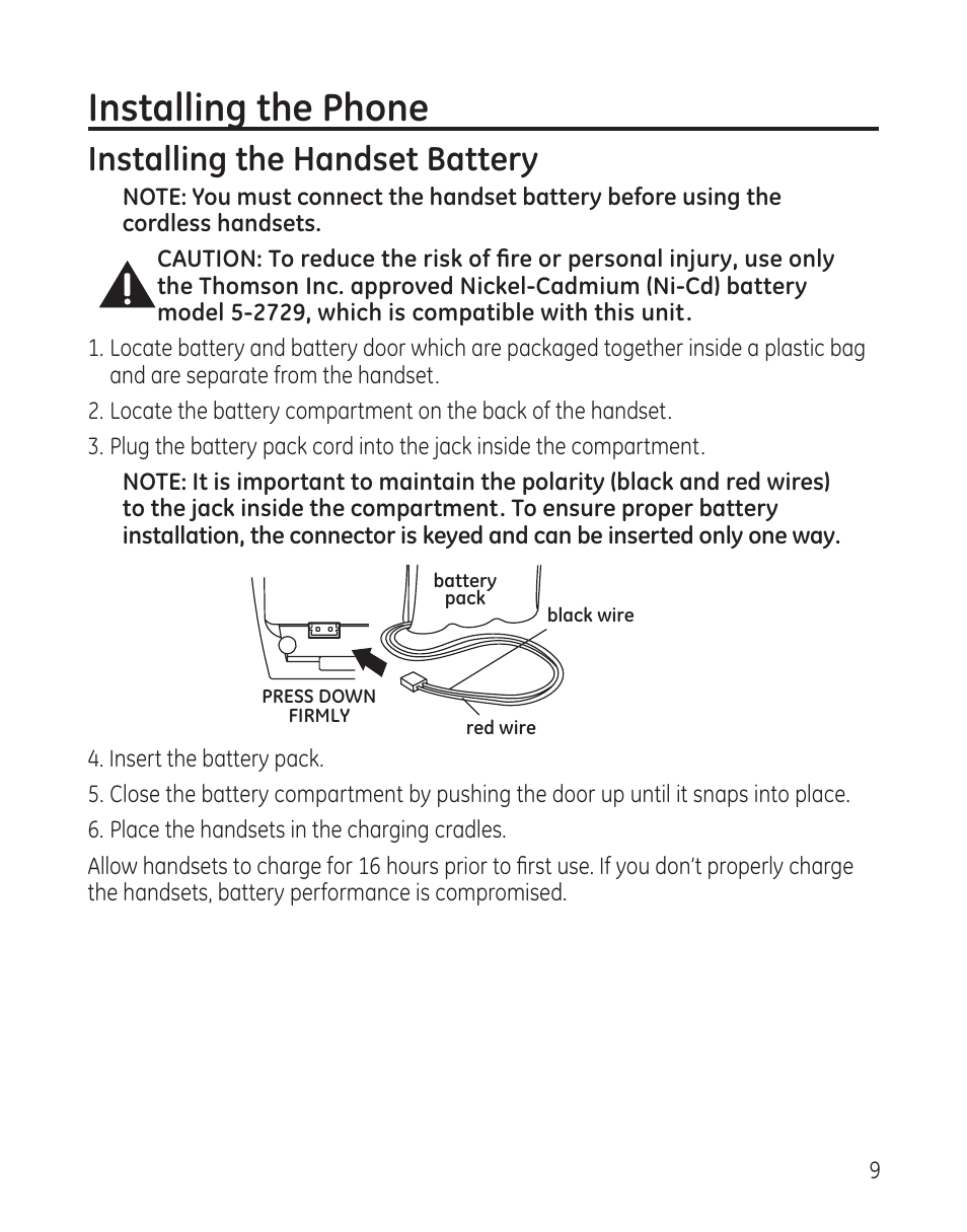 Installing the phone, Installing the handset battery | GE 25982xx3 User Manual | Page 9 / 48