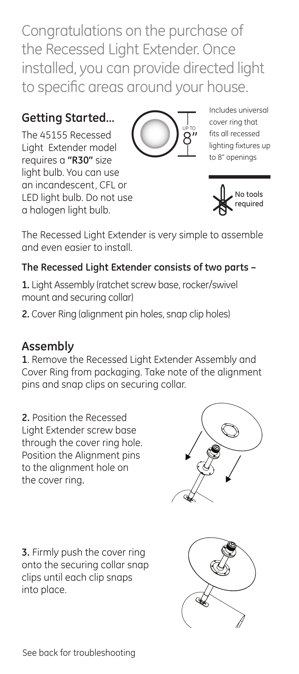 Getting started, Assembly | GE R30 User Manual | Page 2 / 4